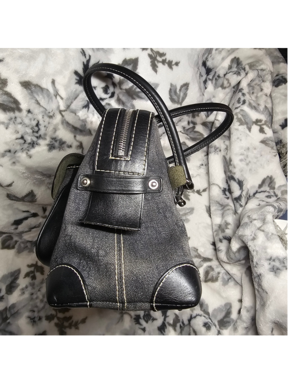 Dooney & Bourke Black Denim Monogram Canvas Leather Trim Shoulder Bag - Picture 11 of 11